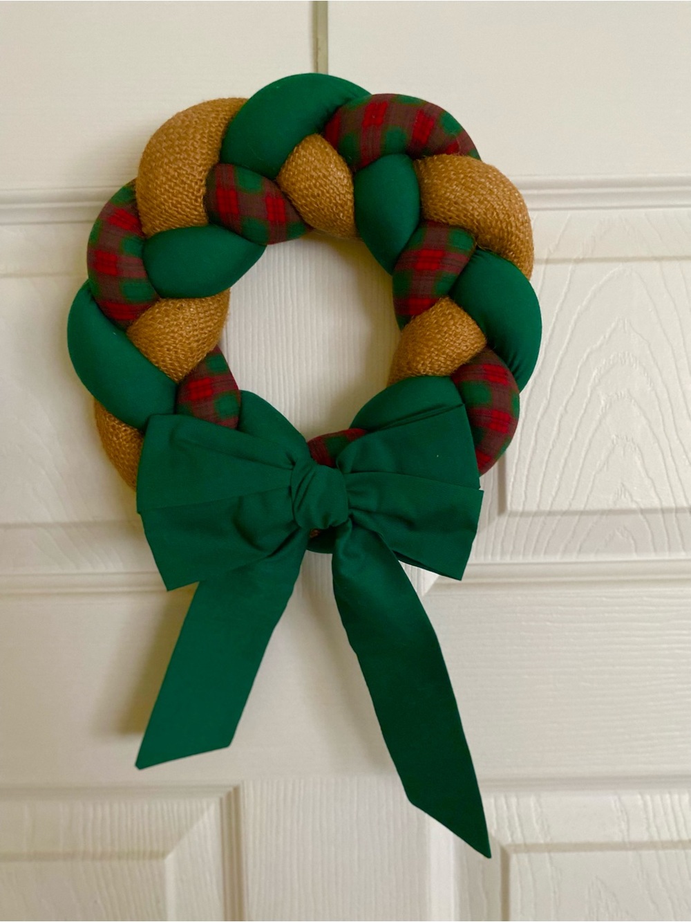 Handmade Green, Gold & Red Plaid Holiday Wreath with Green Bow
